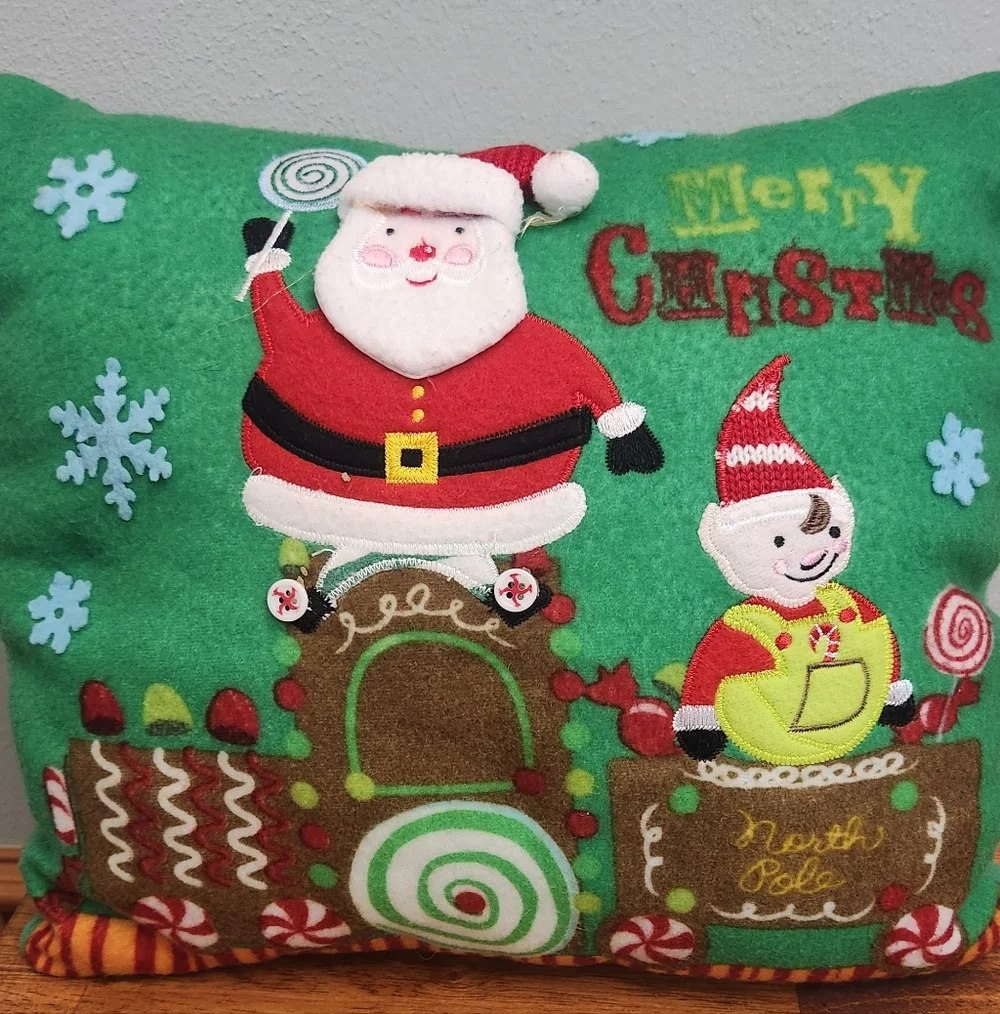Festive Felt Christmas Pillow with Santa and Elf Design